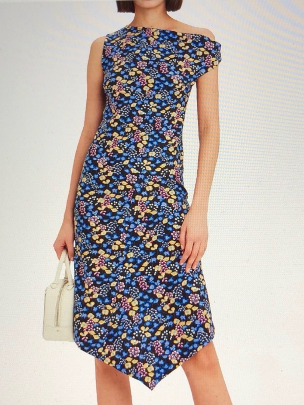Atlein Bright Blue Floral One-Shoulder Asymmetric Midi Dress Size 38